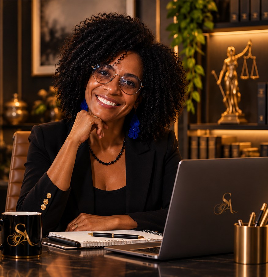 Representação visual da advogada Solange Amorim sentada em seu escritório, com cabelos crespos e óculos.